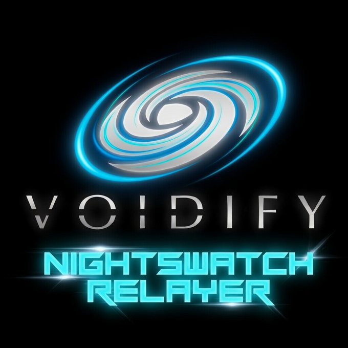 The image features a logo for a game called " Voidify Nightswatch Relayer" with a blue spiral design, which is the main focus of the image. The text below the logo reads "deposit sol normally. save your private note/code. Withdraw later to a destination wallet. If nightswatch relayer is not auto-selected, choose it from the relayer list. Low fee. High stake." This suggests that the game involves both saving and spending digital currency within a virtual world while also requiring players to manage their in-game assets effectively.