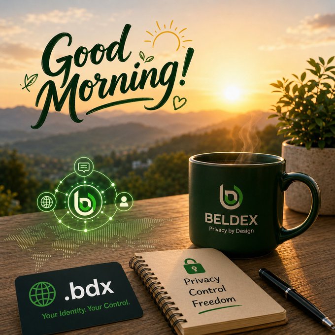 A promotional graphic for 'BELDEX' featuring a green mug with 'Privacy by Design' text, a '.bdx' card reading 'Your Identity. Your Control.', and a 'Good Morning!' greeting.