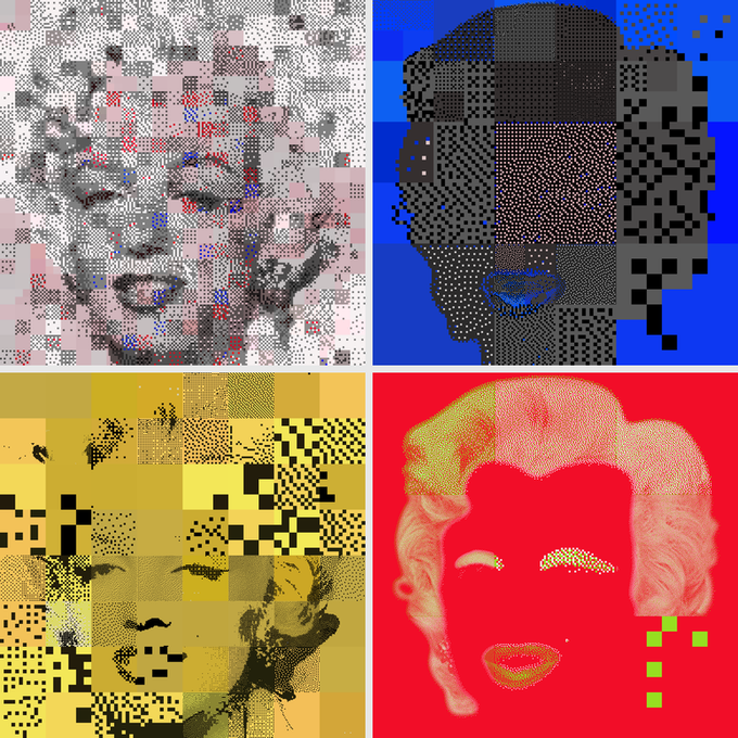 The image features four different portraits of Marilyn Monroe, each with a unique style and color scheme. The portraits are arranged in a square grid format, showcasing the diversity of interpretations and artistic expressions related to the iconic figure.