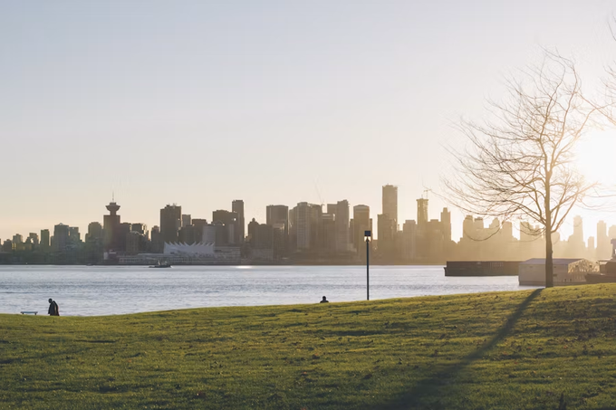 Sunset view of a city skyline (appearing to be Vancouver with BC Place visible) across a body of water, with a grassy park and bare tree in the foreground.