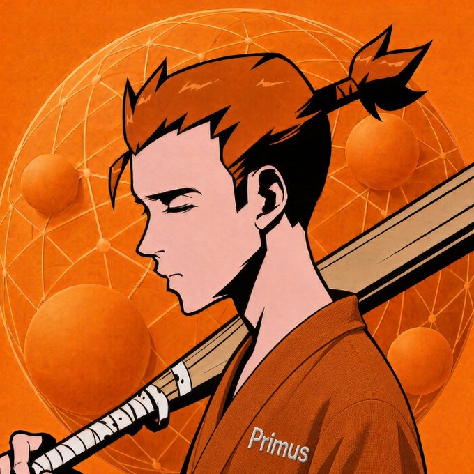 An anime-style illustration shows a samurai with a topknot and orange hair carrying a katana over his shoulder, wearing an orange robe labeled "Primus" against an orange background featuring a geometric sphere. The image relates to the post by symbolizing the need for accountability and proof in crypto trading advice, where the samurai represents the concept of "verifying one's cards" and actions on-chain before trusting signal-callers.