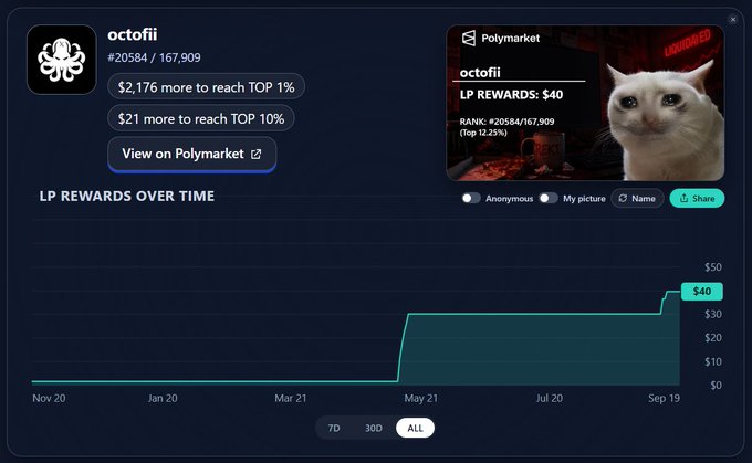 A Polymarket LP rewards dashboard showing account "octofii" (rank #20584/167,909) with $40 in LP rewards, featuring a chart of rewards over time from November 2024 to September 2025.