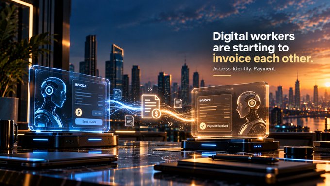 A futuristic digital graphic showing two robotic/AI heads exchanging invoices with the text 'Digital workers are starting to invoice each other. Access. Identity. Payment.' against a sunset cityscape.