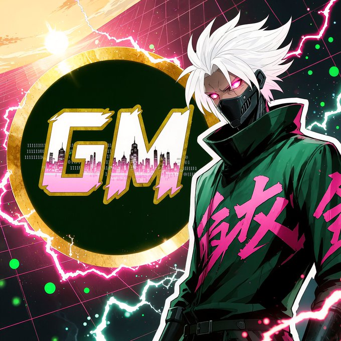 Anime-style illustration featuring a white-haired character in a green jacket with pink kanji, glowing red eyes, and a black mask, standing before a "GM" logo with a city skyline silhouette against a lightning-filled background.