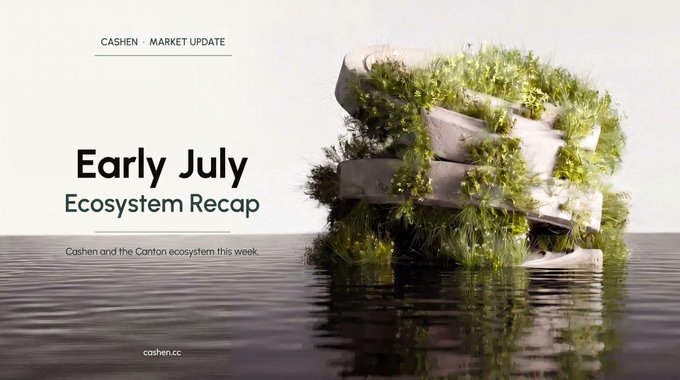 The image shows a promotional graphic for Cashen's "Early July Ecosystem Recap," featuring concrete blocks overgrown with green grass partially submerged in water, alongside the Cashen and Canton branding and the website cashen.cc. The accompanying post references the July Week-1 Canton Ecosystem Recap by @Cashen_CC, which aligns with the image's purpose as a header visual for that weekly market update.