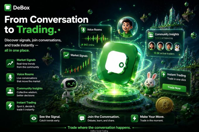 A promotional banner for DeBox titled 'From Conversation to Trading' featuring green-themed graphics with voice rooms, market signals, and community insights features.