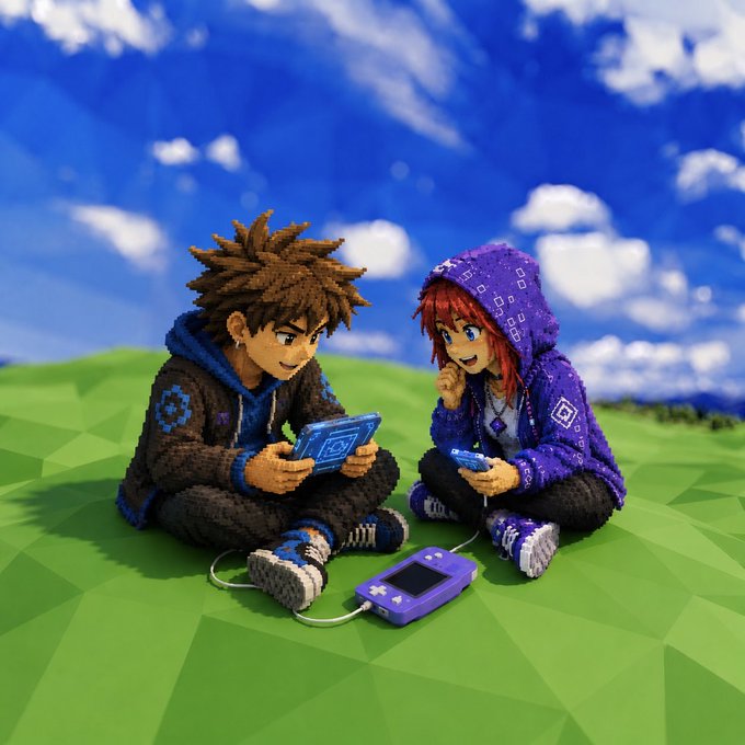 A 3D-rendered scene of two stylized characters with spiky hair sitting on green grass playing handheld gaming devices, with a purple game console connected between them under a blue cloudy sky.