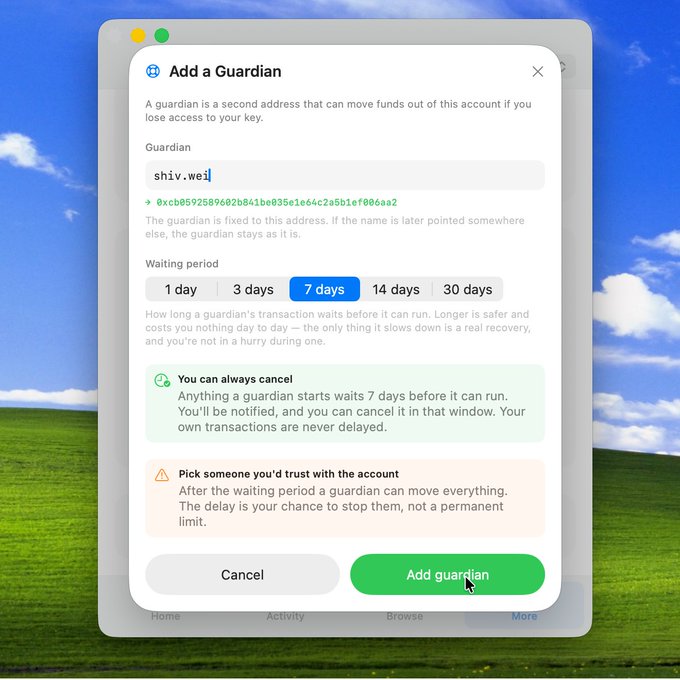 A screenshot of an "Add a Guardian" dialog window over a Windows XP Bliss background, showing the ENS name "shiv.wel" being set as a guardian with a 7-day waiting period selected.