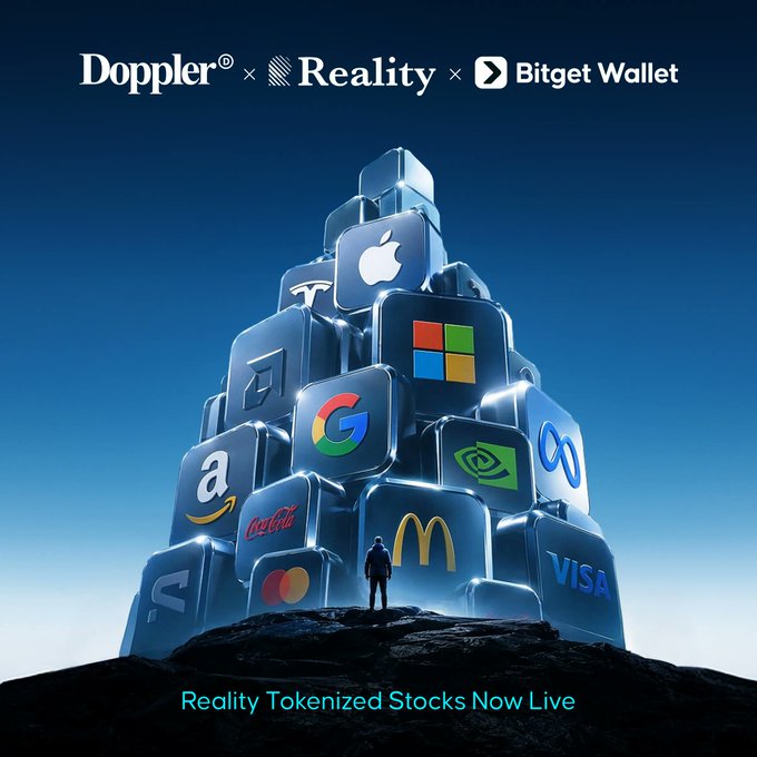 A promotional graphic shows a small silhouetted figure standing atop a dark rocky hill, dwarfed by a towering pyramid of glossy blue cubes, each emblazoned with famous brand logos including Apple, Tesla, Microsoft, Google, Amazon, Coca-Cola, McDonald's, Visa, Mastercard, NVIDIA, and Meta, representing major real-world assets. The top of the image displays the partner branding "Doppler × Reality × Bitget Wallet," while the bottom reads "Reality Tokenized Stocks Now Live," visually reinforcing the post's announcement that rTokens are now live on Doppler, enabling the creation of tokenized market offerings backed 1:1 by real shares of 1,700+ real-world assets through partnerships with Reality and Bitget Wallet.