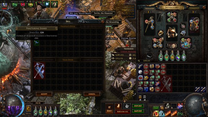 The image shows Path of Exile's vendor trade window where a player is selling a "Fracturing Shard" (worth 1320 with 1 for 20 Chaos Orbs) to the NPC Torpus the Dissector, with quivers like a Broadhead Quiver and Flaming Quiver visible in the player's inventory and trade window—relating to the post's warning about accidentally vendoring Fractured Shards alongside quilters when using filter rules.