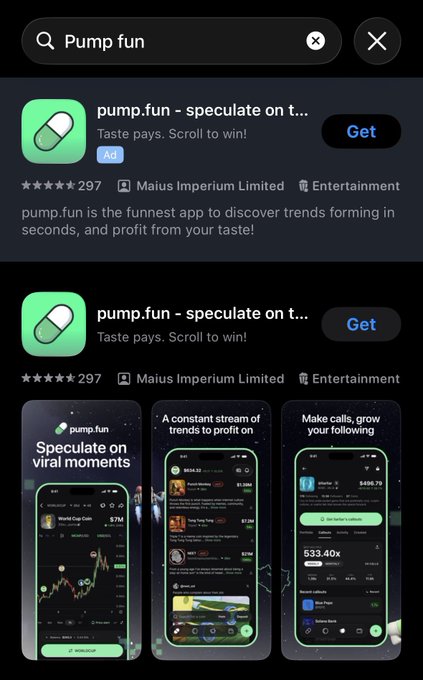 An App Store listing for 'pump.fun - speculate on trends' by Maius Imperium Limited with the tagline 'Taste pays. Scroll to win!'