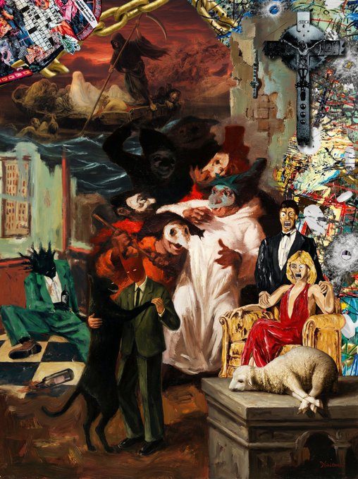 Surreal painting featuring a dark monkey, figures in formal wear, a woman in a red dress, and a seal on a pedestal in a chaotic scene.