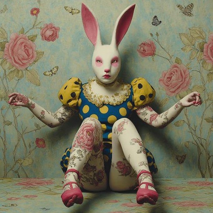 Surreal artwork of a figure in a rabbit mask wearing a yellow and blue polka-dot dress with tattooed arms, sitting against a floral wallpaper background.