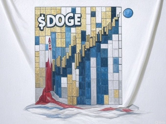A watercolor-style illustration of a rocket launching past a mosaic of ascending candlestick bars labeled "$DOGE," symbolizing Dogecoin's upward price trajectory toward a small moon.