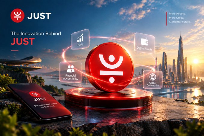 A promotional graphic for JUST cryptocurrency titled 'The Innovation Behind JUST' showing a red logo orb with surrounding icons for DeFi, Digital Assets, Financial Accessibility, and Global Community, alongside a phone displaying the JUST app.