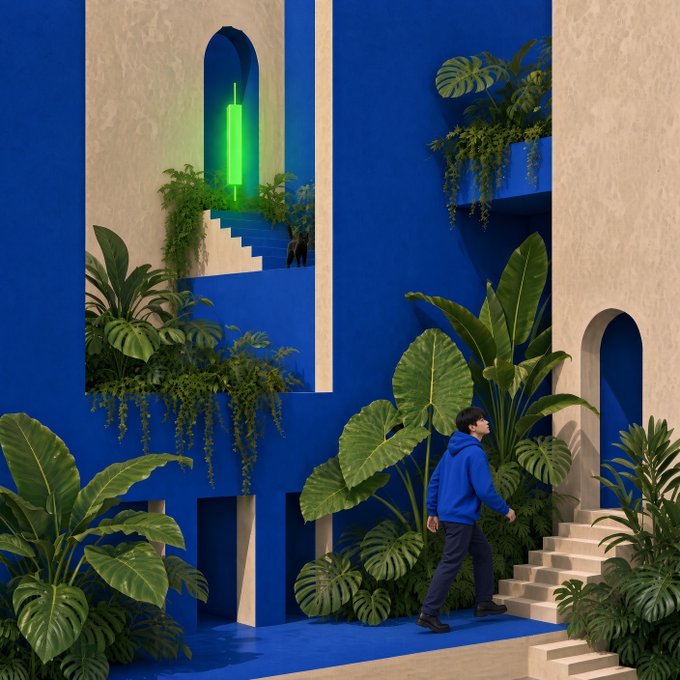 A man in a blue hoodie walks up stairs toward a glowing green vertical light bar set within a blue and beige architectural scene filled with tropical plants. The green beam mirrors the "follow the green up" message, symbolizing upward movement and growth.
