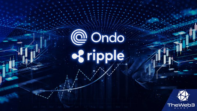 A promotional graphic featuring the Ondo and Ripple logos against a blue background with stock chart graphics, branded with TheWeb3 Alert logo.