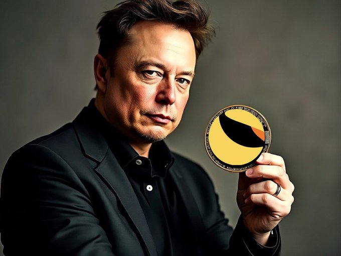 A serious-looking man in a black blazer holds up a gold $LUNC coin, embodying the post's message of resilience and refusing to give up on the cryptocurrency. His determined expression mirrors the persistence and commitment encouraged in the caption about holding onto the token.