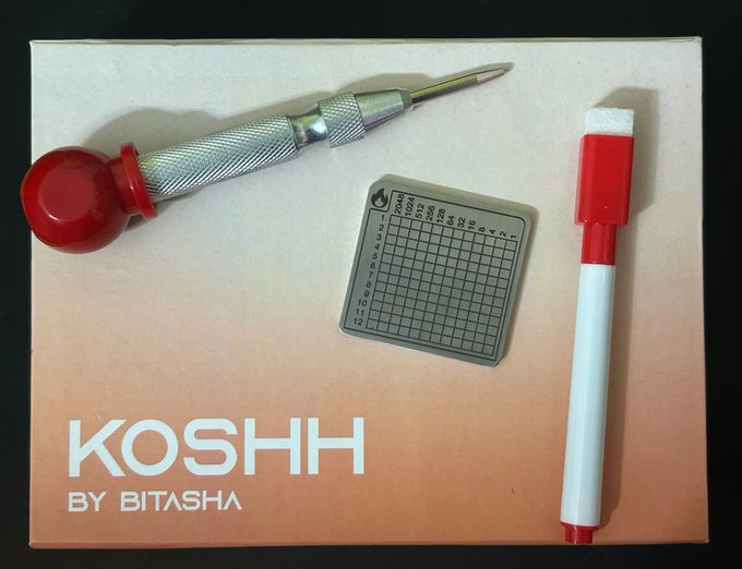 A "KOSHH BY BITASHA" box displayed with three tools: a red-handled scribe/punch tool, a small metal gauge with a numbered grid, and a white and red marker pen.