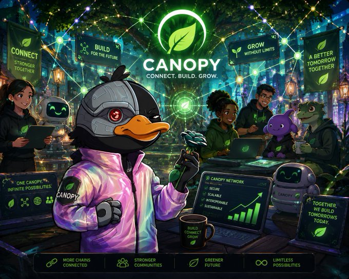 A vibrant digital artwork for 'CANOPY' with the tagline 'CONNECT. BUILD. GROW.', featuring a cyborg penguin character in a purple jacket alongside diverse humans and creatures at a networking event.