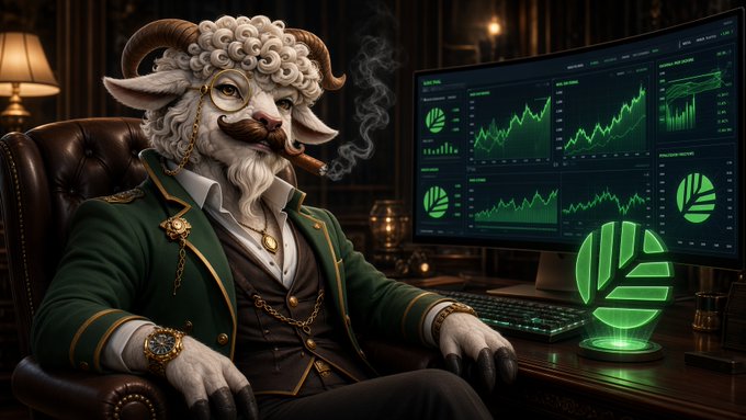 A digital illustration of an anthropomorphic goat with a mustache and monocle, dressed in a green suit, sitting in a leather chair while smoking a cigar in front of a monitor displaying financial charts and the Beldex logo.