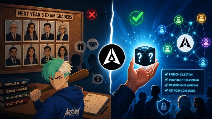 A split image contrasts a student's misguided strategy of "studying the graders" (shown with a "NEXT YEAR'S EXAM GRADERS" board and stacked books like "PROFESSOR PATTERNS," "GRADING TENDENCIES," and "PAST PAPERS ANALYSIS") with GenLayer's blockchain-based approach featuring an "AI" dice, network nodes, and benefits including "RANDOM SELECTION," "INDEPENDENT REASONING," "MEANING OVER WORDING," and "NETWORK CONSENSUS" — illustrating how GenLayer's decentralized validator system prevents the kind of bias-manipulation that would occur if graders were known in advance.
