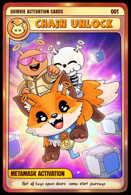 The image features a trading card for a character named Quirkie, which has been created by a company called Mint. The trading card shows Quirkie wearing sunglasses and holding a key that opens doors. There are also two other characters present on the card - a fox and a skeleton. The post about this trading card is titled "chain unlock" and includes information about how to obtain it, including the use of mint coins or NFTs (Non-Fungible Tokens).