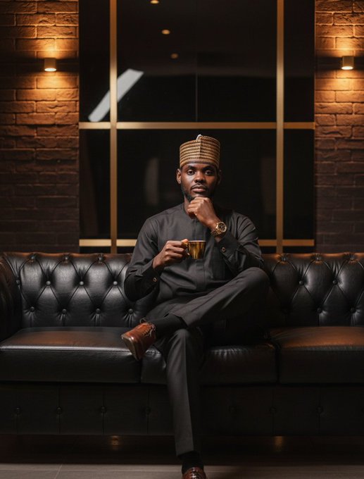 A man in black traditional attire and a patterned cap sits on a dark leather tufted sofa, holding a small cup in a dimly lit room with brick walls and warm sconce lighting.