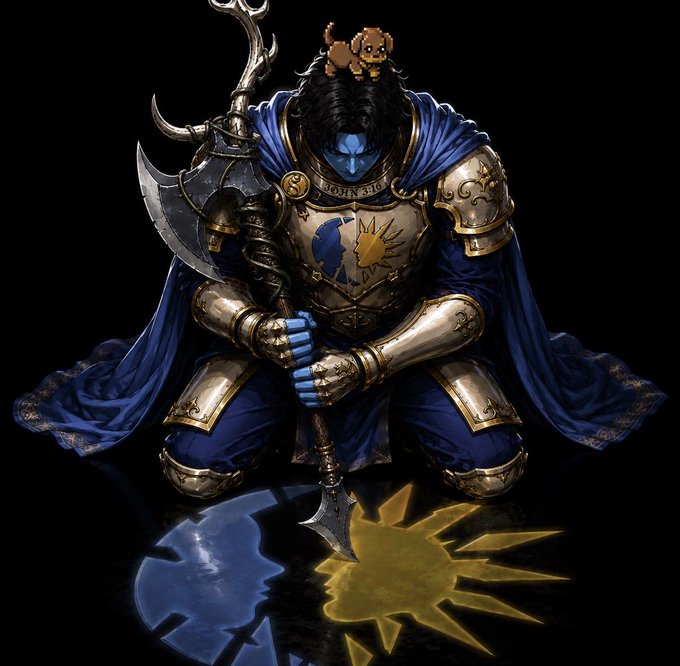 A detailed figurine of a blue-skinned knight in ornate gold and silver armor kneeling and holding a halberd, with a small monkey perched on his head and an axe and sun emblem reflected on the glossy surface below.