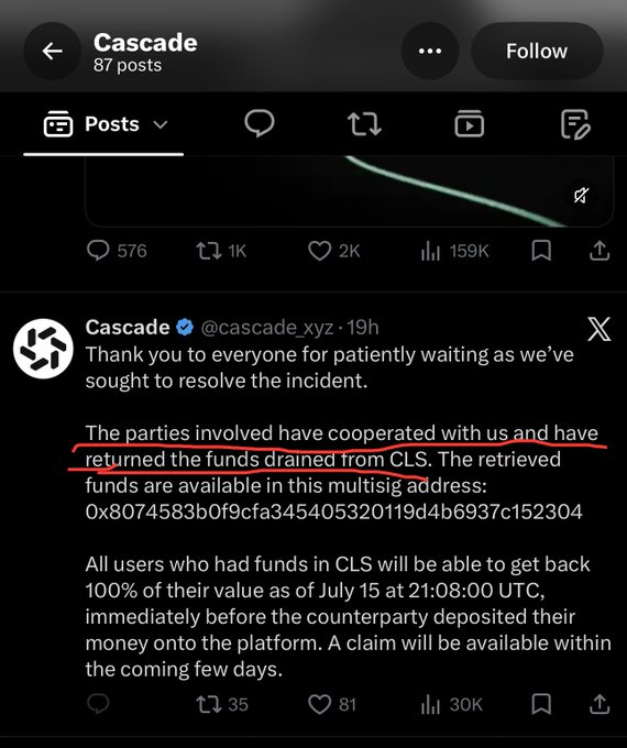 A Twitter/X post from Cascade (@cascade_xyz) addressing an incident recovery, with red underline highlighting text about funds drained from CLS being returned, mentioning 100% value recovery as of July 15 at 21:08:00 UTC.
