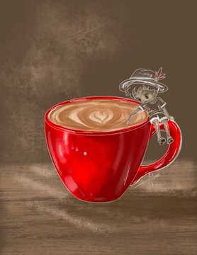 An illustration of a tiny girl in a hat and dress perched on the edge of a steaming red coffee cup with latte art, set on a wooden surface with a brown background.