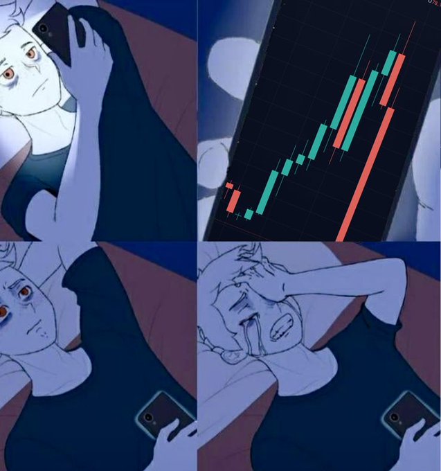 A four-panel anime-style meme showing a character checking a phone displaying a candlestick chart; the first three panels show growing concern as red (bearish) candles appear, ending with the character screaming in panic in the final panel.
