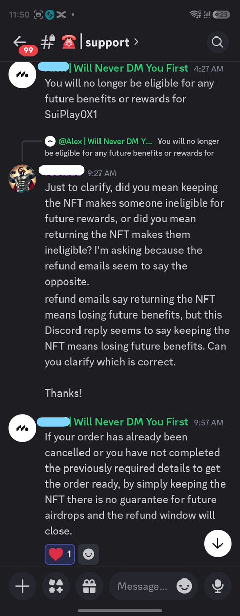 A Discord support chat from "Will Never DM You First" warns that keeping the NFT without completing order details offers no guarantee for future airdrops while the refund window closes, illustrating SuiPlay's confusing and restrictive refund policy.