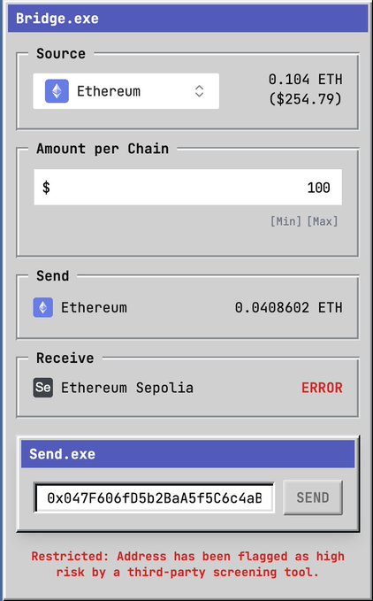 The image shows a failed Ethereum bridge transaction from mainnet to Sepolia testnet, with the recipient address (0x047f606fD5b2BaA5f5C6c4aB) flagged as "high risk" by a screening tool, blocking the 0.0408602 ETH send. The error message at the bottom ("Restricted: Address has been flagged as high risk by a third-party screening tool") humorously illustrates the post's frustration, as testnet addresses—which are freely generated and not tied to real funds—somehow still trigger security flags meant for identifying actual illicit activity on mainnet.
