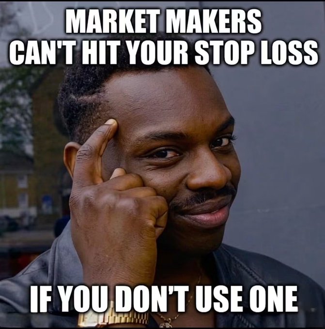 A man points to his temple with a knowing expression, with text reading "MARKET MAKERS CAN'T HIT YOUR STOP LOSS IF YOU DON'T USE ONE."