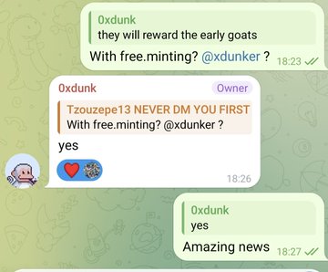 A Telegram chat shows a user named 0xdunk confirming to Tzouzepe13 that early "goats" NFT holders will be rewarded with free minting, with 0xdunk replying "yes" and calling it "Amazing news." This aligns with the accompanying post announcing free minting for early Cashmere Labs goats NFT holders, encouraging collectors to sweep the floor.