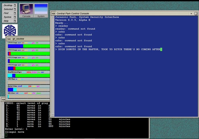 A screenshot of a Jurassic Park System Security Interface from an Alpha E machine, featuring a Central Park Control Console with a message reading '> DOIN DONUTS IN THE RAPTOR, TOOK YO BITCH THERE'S NO COMING AFTER' alongside a chess game interface.