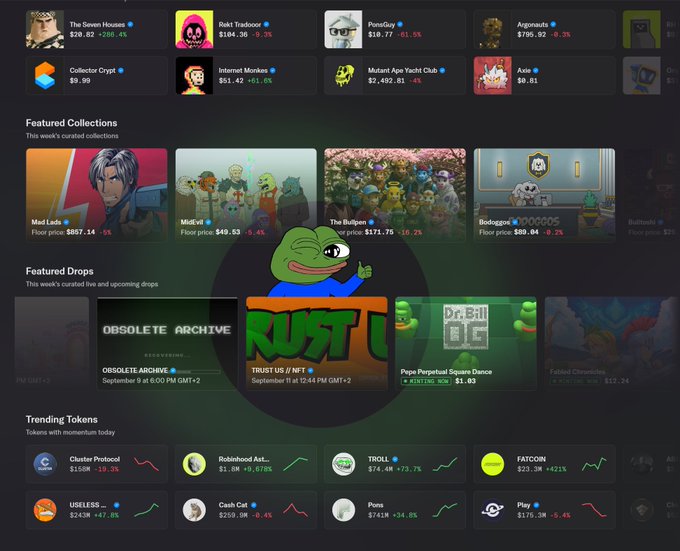 A dark-themed NFT marketplace dashboard featuring trending collections like 'The Seven Houses', 'Baki Tradeoor', and 'PomoGuy', along with featured drops including 'OBSOLETE ARCHIVE' and 'RUST US'.