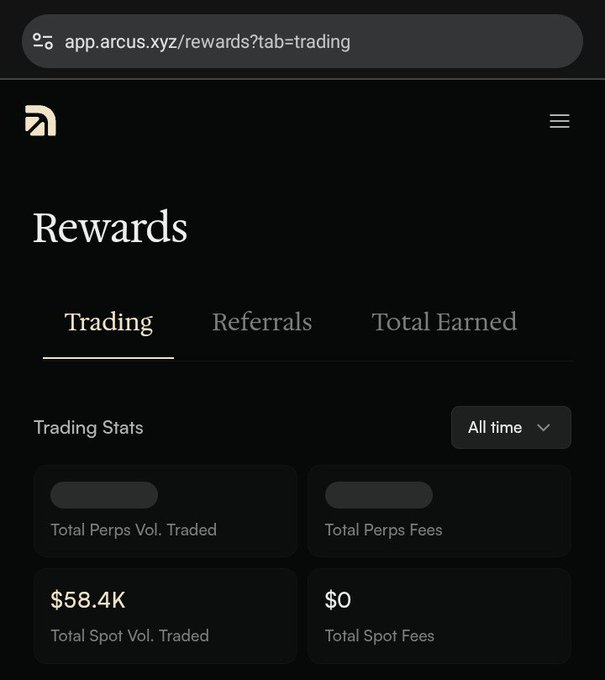 A mobile screenshot of the Arcus app rewards page (app.arcus.xyz/rewards) showing trading statistics including $58.4K Total Spot Vol. Traded and $0 Total Spot Fees.