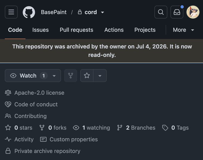 A GitHub repository page for 'BasePaint' under the 'cord' organization, marked as a private archive repository (read-only) archived on Jul 4, 2026, licensed under Apache-2.0.