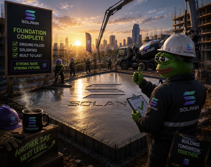 A Solana-themed construction site illustration with a Pepe the Frog mascot wearing a hard hat and "SOLANA" jacket giving a thumbs up, alongside a "FOUNDATION COMPLETE" checklist showing ground filled, solidified, and built to last.