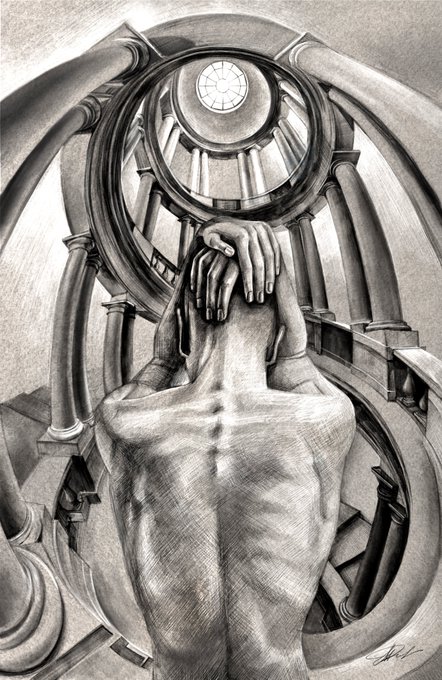 A pencil-sketched figure with hands clasped over its head stands before swirling architectural columns and arches, evoking a surreal, Escher-like labyrinth. The post referencing an available job and an objkt.com token link suggests the artwork symbolizes themes of searching, persistence, or being trapped in a complex maze—perhaps a metaphor for navigating a job hunt or a creative pursuit in the NFT space.