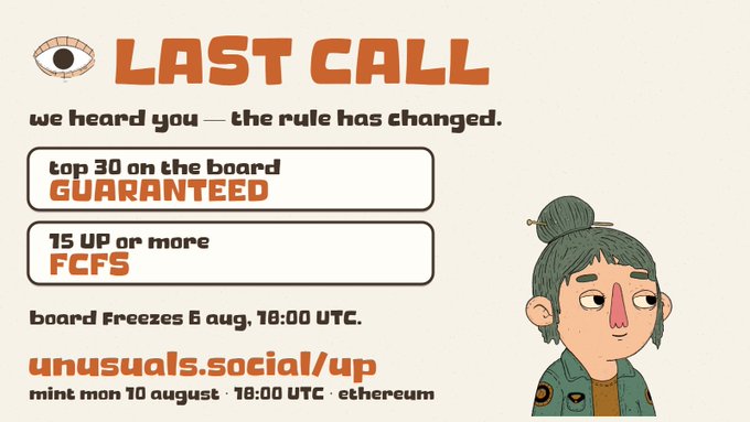 A promotional graphic for the "Unusuals" NFT project announces updated leaderboard rules, with the top 30 spots guaranteed and 15+ UP eligible on a first-come, first-served basis, alongside an illustration of a wide-eyed character with a topknot hairstyle.