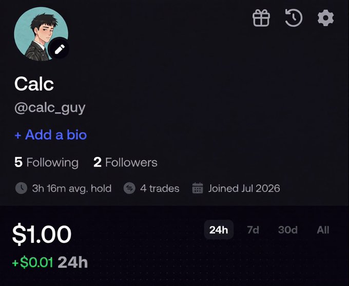 A social media profile for 'Calc' (@calc_guy) showing a $1.00 portfolio value with a +$0.01 24h change and stats indicating 3h 16m avg. hold across 4 trades.