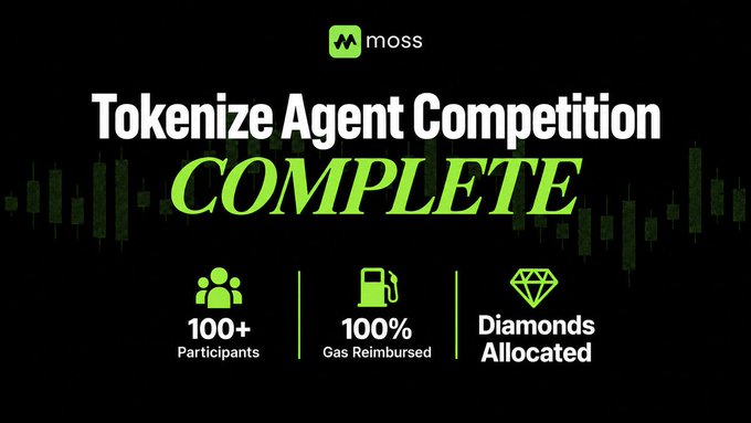 A black promotional graphic announcing 'Tokenize Agent Competition COMPLETE' by moss, featuring statistics: 100+ Participants, 100% Gas Reimbursed, and Diamonds Allocated.