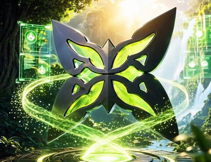 Stylized digital artwork featuring a green butterfly-like logo with cosmic green energy rings in a mystical forest setting.