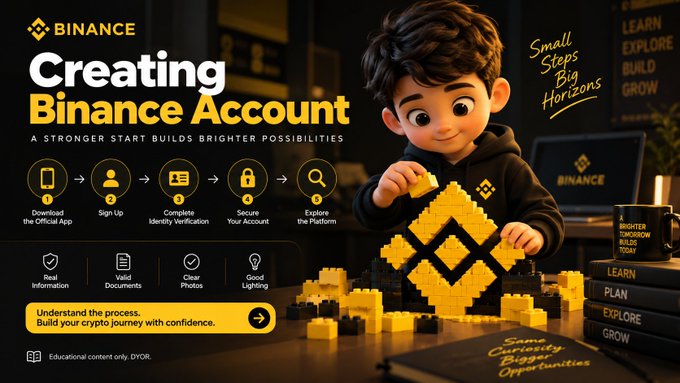 Binance promotional banner titled "Creating Binance Account" with the tagline "Small Steps Big Horizons," showing a cartoon boy building yellow blocks alongside a five-step account setup guide.