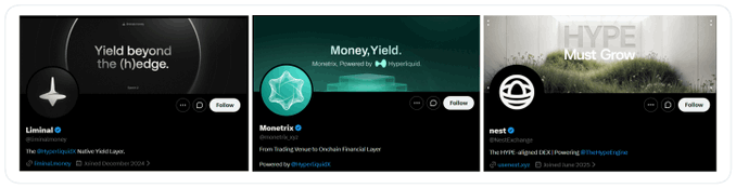 Three Twitter/X profiles displayed side by side: Liminal ('Yield beyond the (h)edge'), Monetrix ('Money.Yield. Monetrix. Powered by Hyperliquid'), and next ('HYPE Must Grow'), each with Follow buttons.