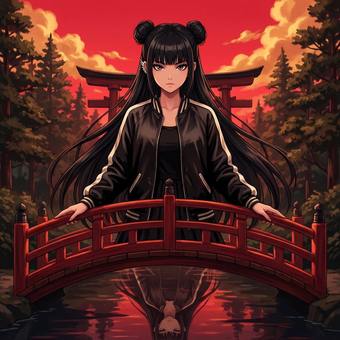 An anime-style illustration depicts a girl with long black hair in twin buns wearing a black tracksuit, standing on a red bridge with a torii gate and red sky behind her, her reflection visible in the water below.