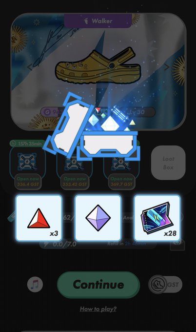 A screenshot of the STEPN app's Mystery Box opening screen displays a "Walker" sneaker with rewards including 3 red gems, 1 purple gem, and 28 energy boxes, along with an "ActivationCode 05601739" highlighted by an arrow to indicate the code being shared for others to use.